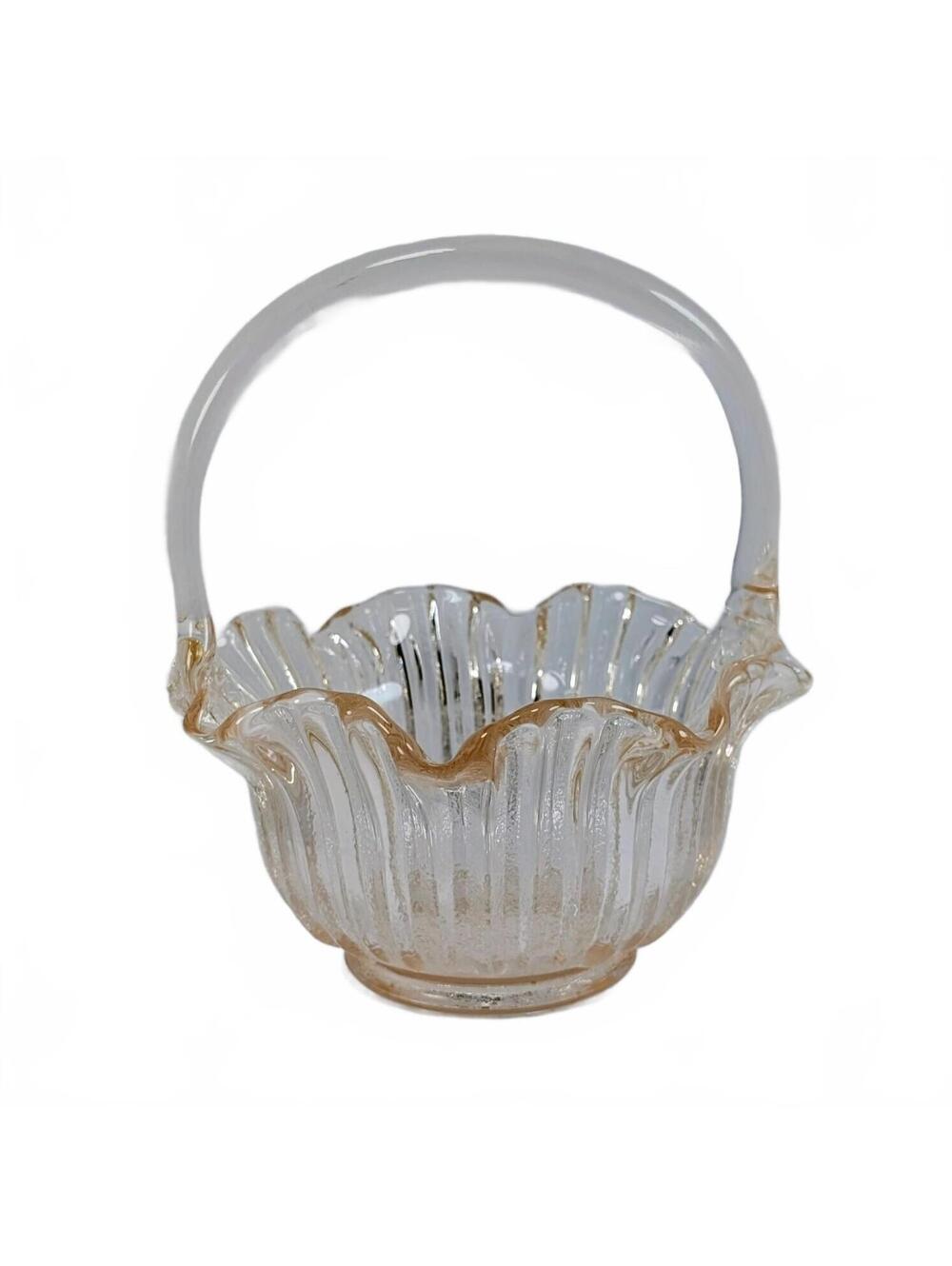Vtg L.E. Smith Pink Ribbed Ruffled Glass Basket